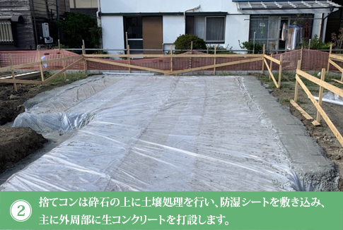 捨てコンは砕石の上に土壌処理を行い、防湿シートを敷き込み、主に外周部に生コンクリートを打設します。